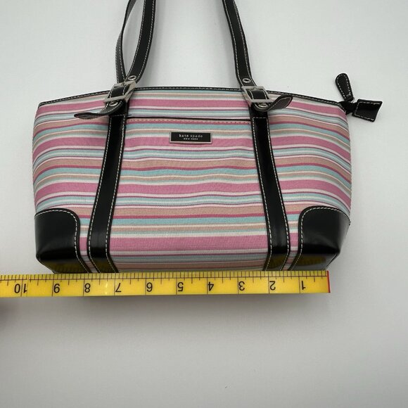 VINTAGE KATE SPADE NY Striped Satchel Pink Blue Coated Canvas Black Trim - RARE - Picture 15 of 16